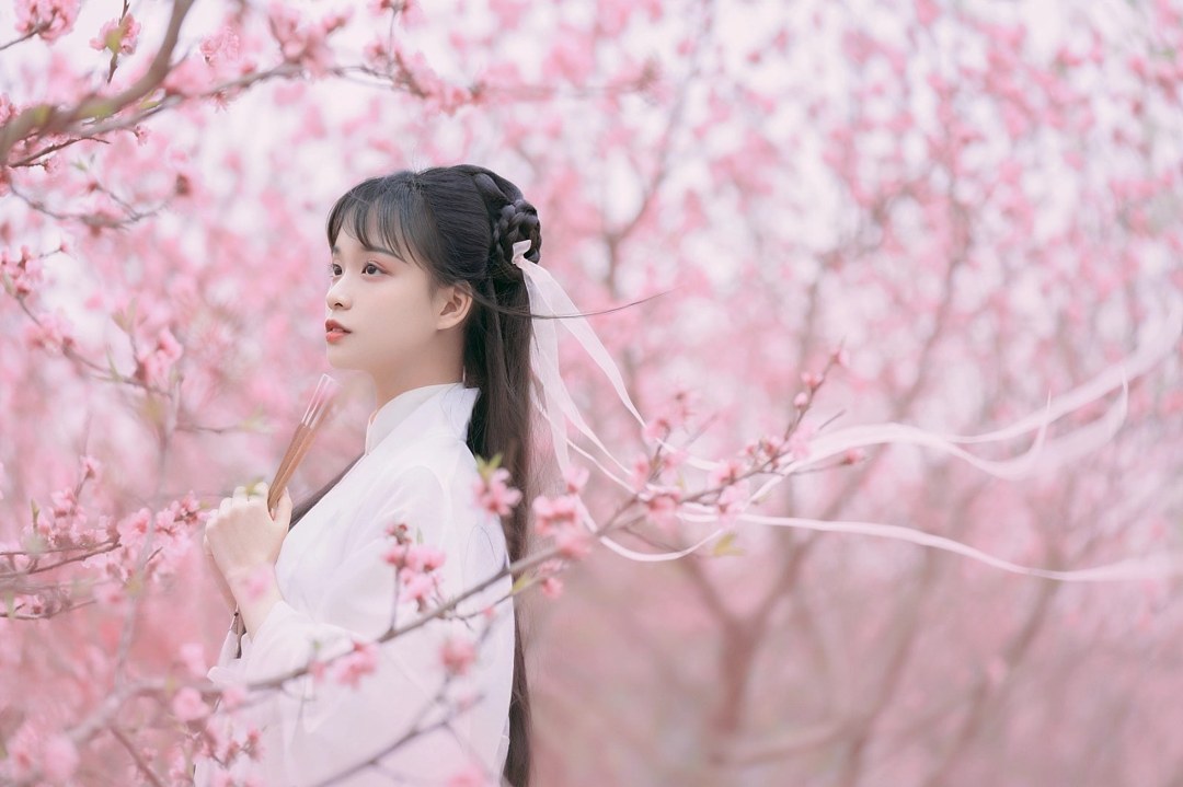 白纱汉服少女花林长廊写真,编发缀粉花