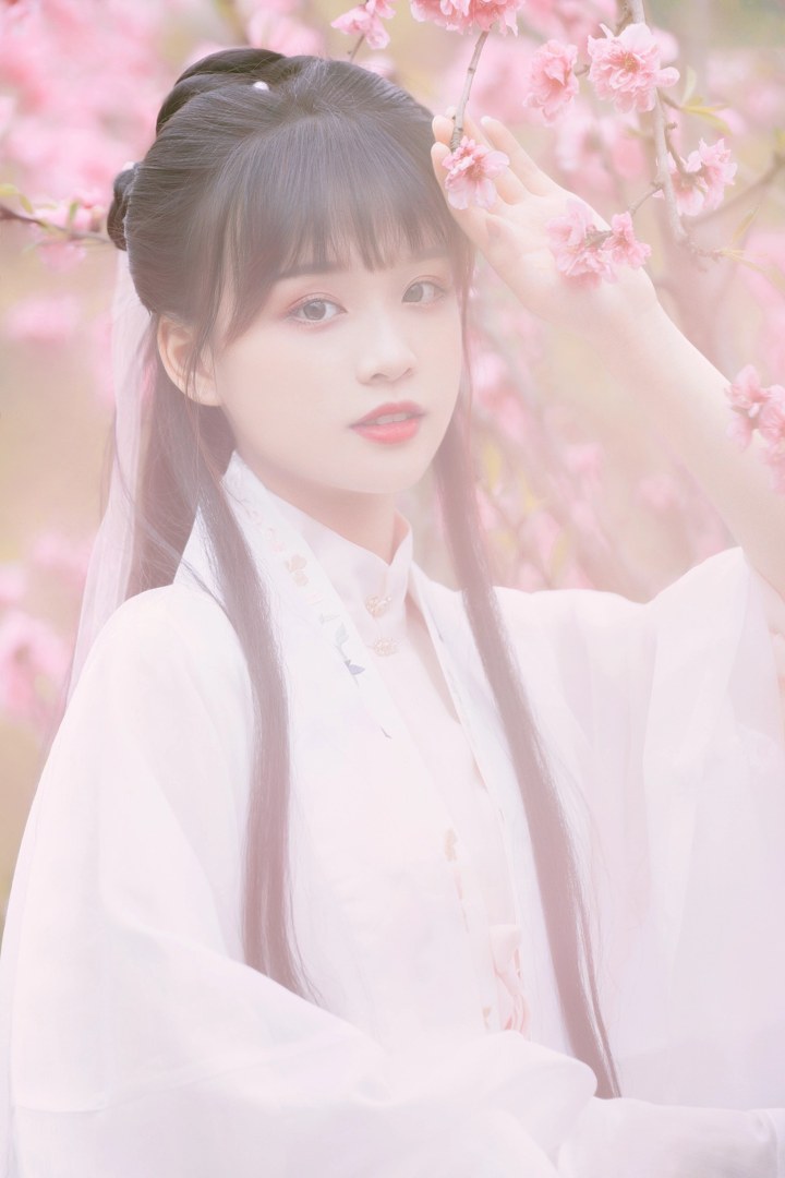 白纱汉服少女花林长廊写真,编发缀粉花
