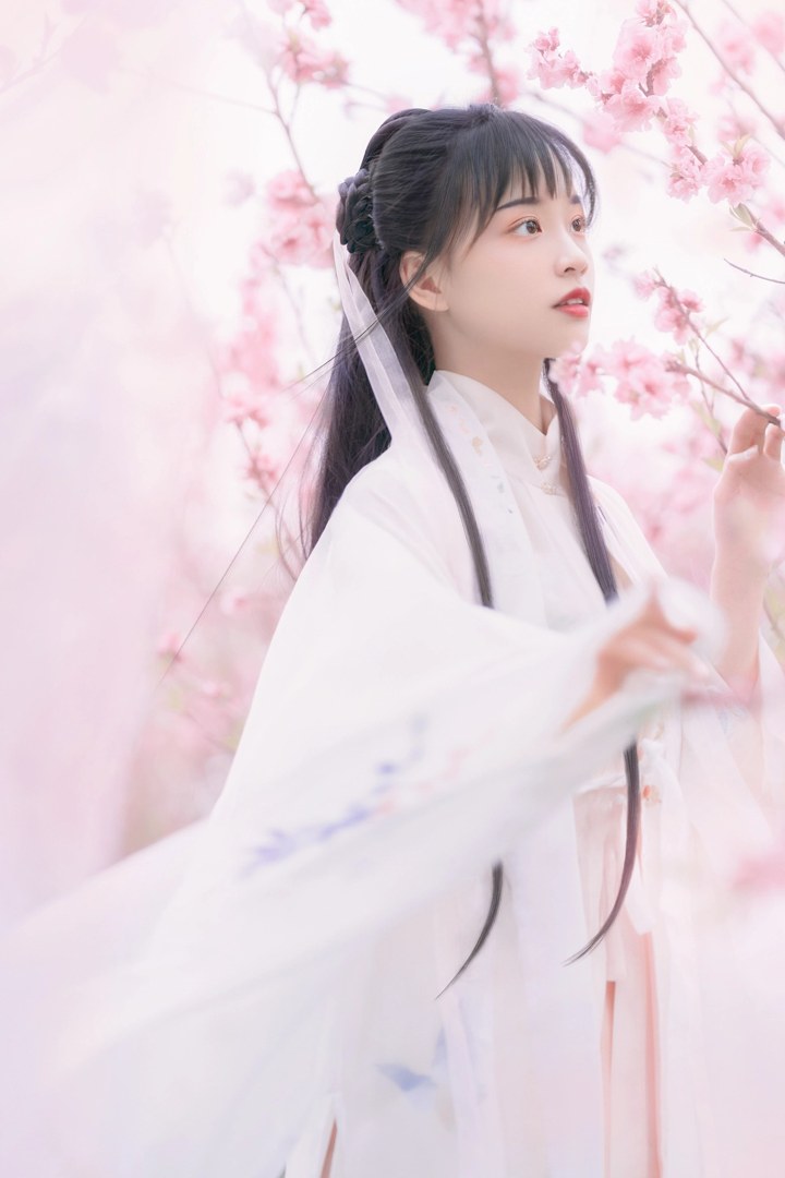 白纱汉服少女花林长廊写真,编发缀粉花